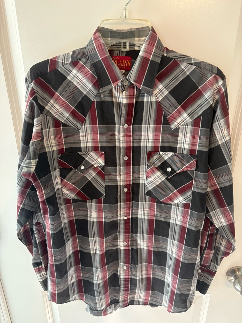Vintage Men’s Ely Plains Small Western Pearl Snap Red Black Plaid Shirt
